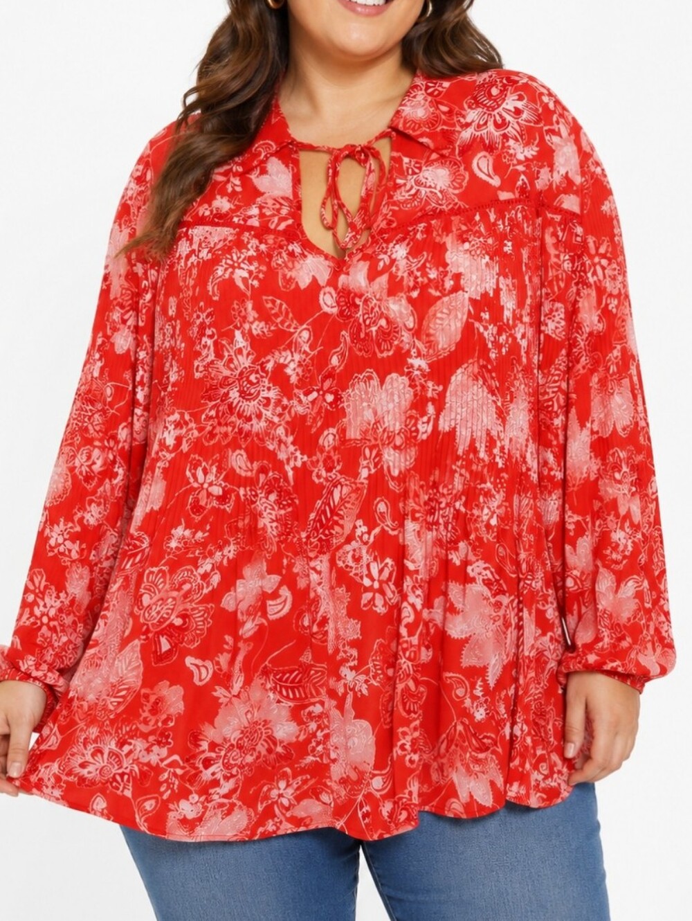 Love & Legend Coral Floral Peasant Tunic Blouse Plus Size Boho Tie Neck S22